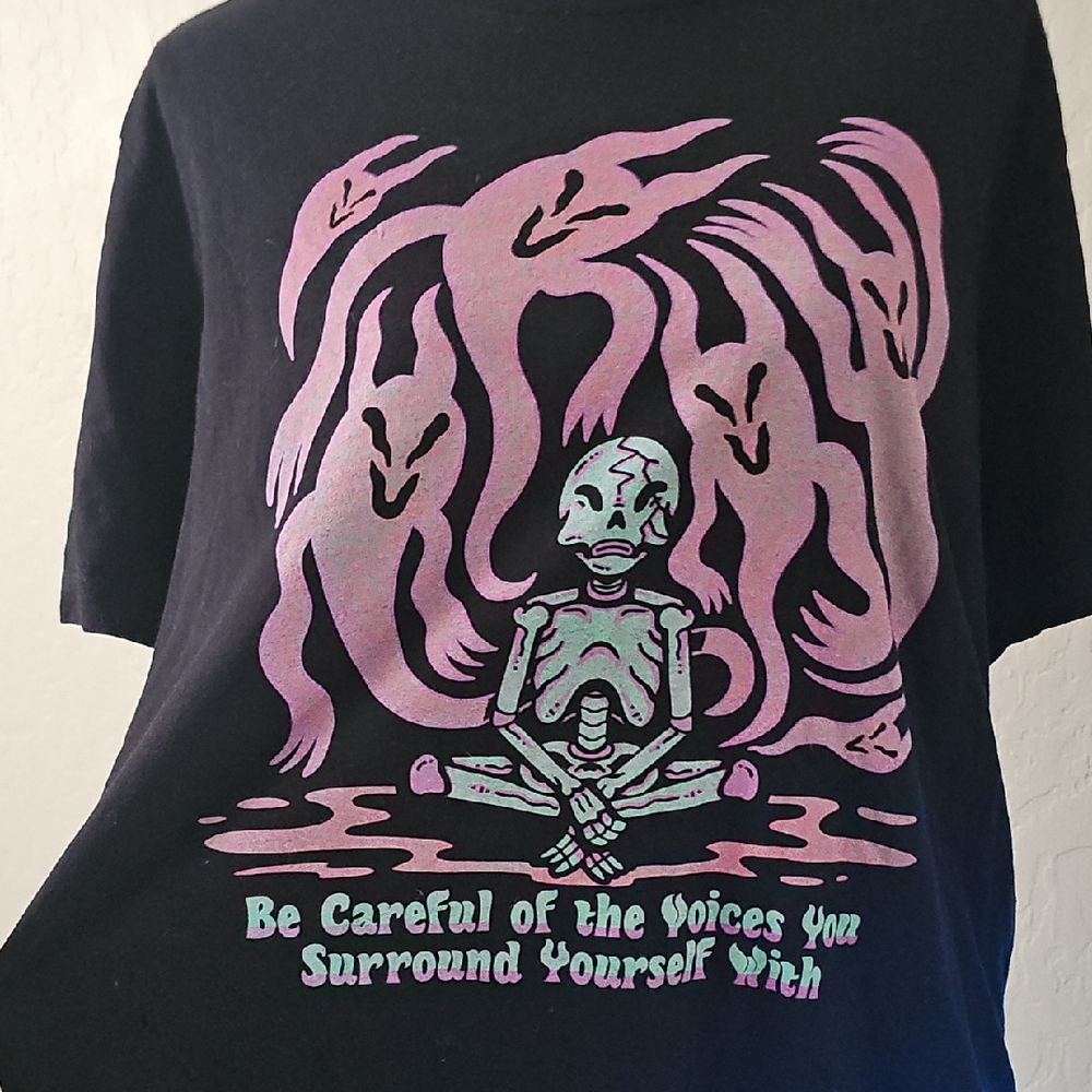 Black Graphic Tee with Pink and Green Design